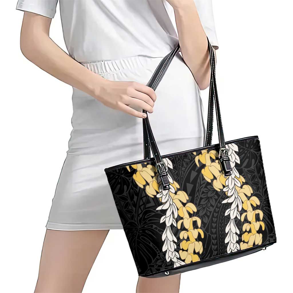 Puakenikeni and Maile Lei Leather Tote Bag Black Double Strand Lei