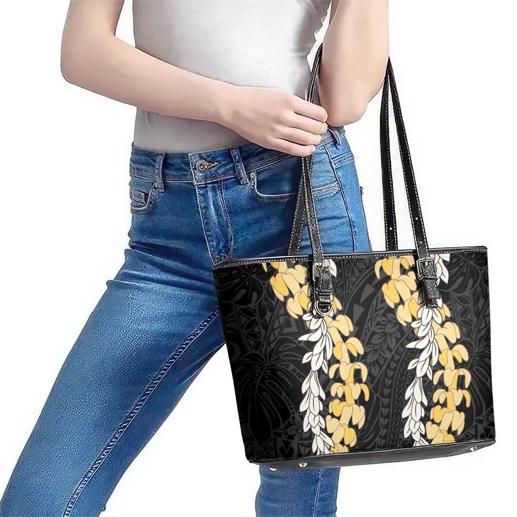 Puakenikeni and Maile Lei Leather Tote Bag Black Double Strand Lei