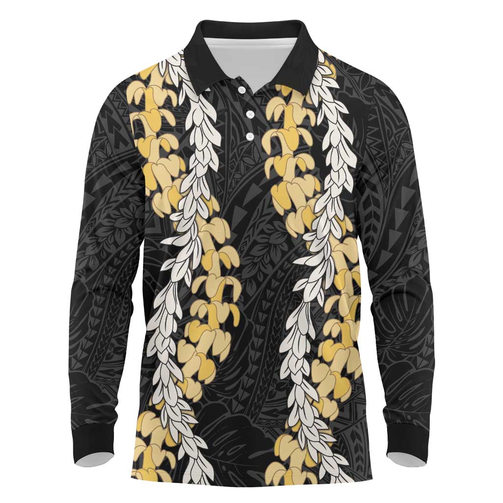 Puakenikeni and Maile Lei Long Sleeve Polo Shirt Black Double Strand Lei