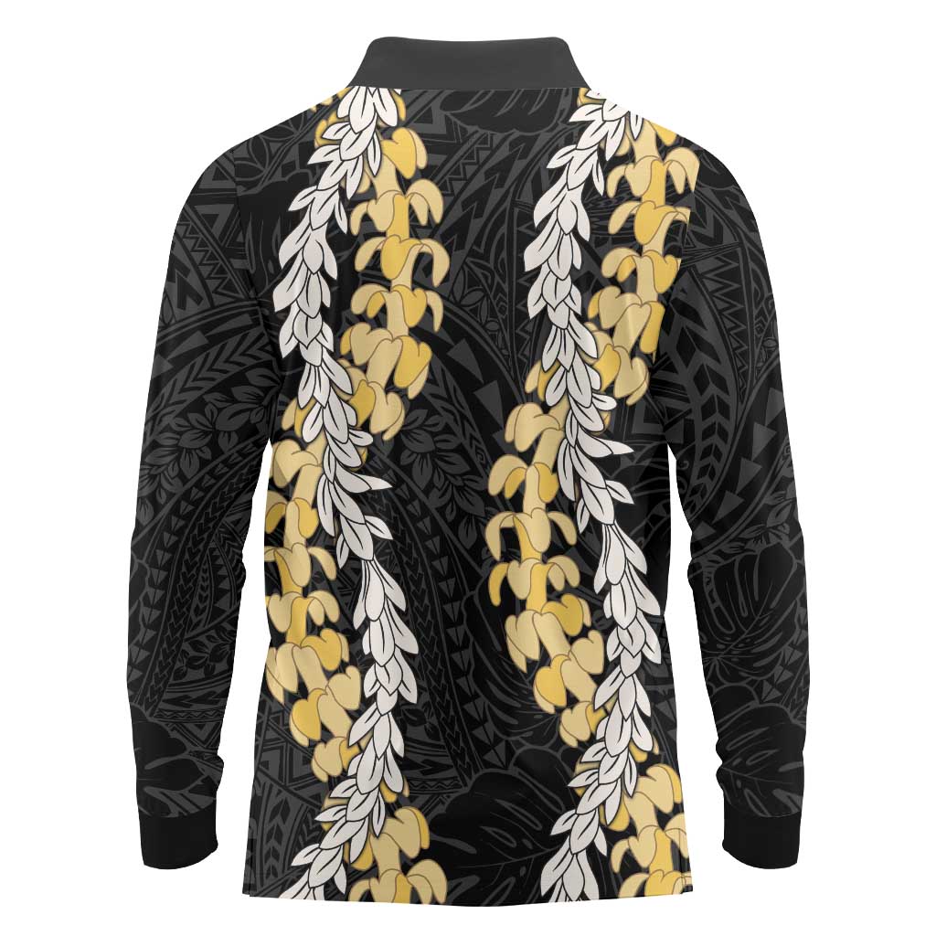 Puakenikeni and Maile Lei Long Sleeve Polo Shirt Black Double Strand Lei