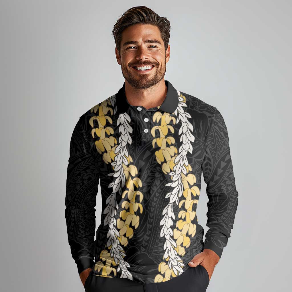 Puakenikeni and Maile Lei Long Sleeve Polo Shirt Black Double Strand Lei