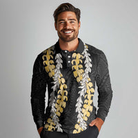 Puakenikeni and Maile Lei Long Sleeve Polo Shirt Black Double Strand Lei