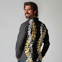 Puakenikeni and Maile Lei Long Sleeve Polo Shirt Black Double Strand Lei