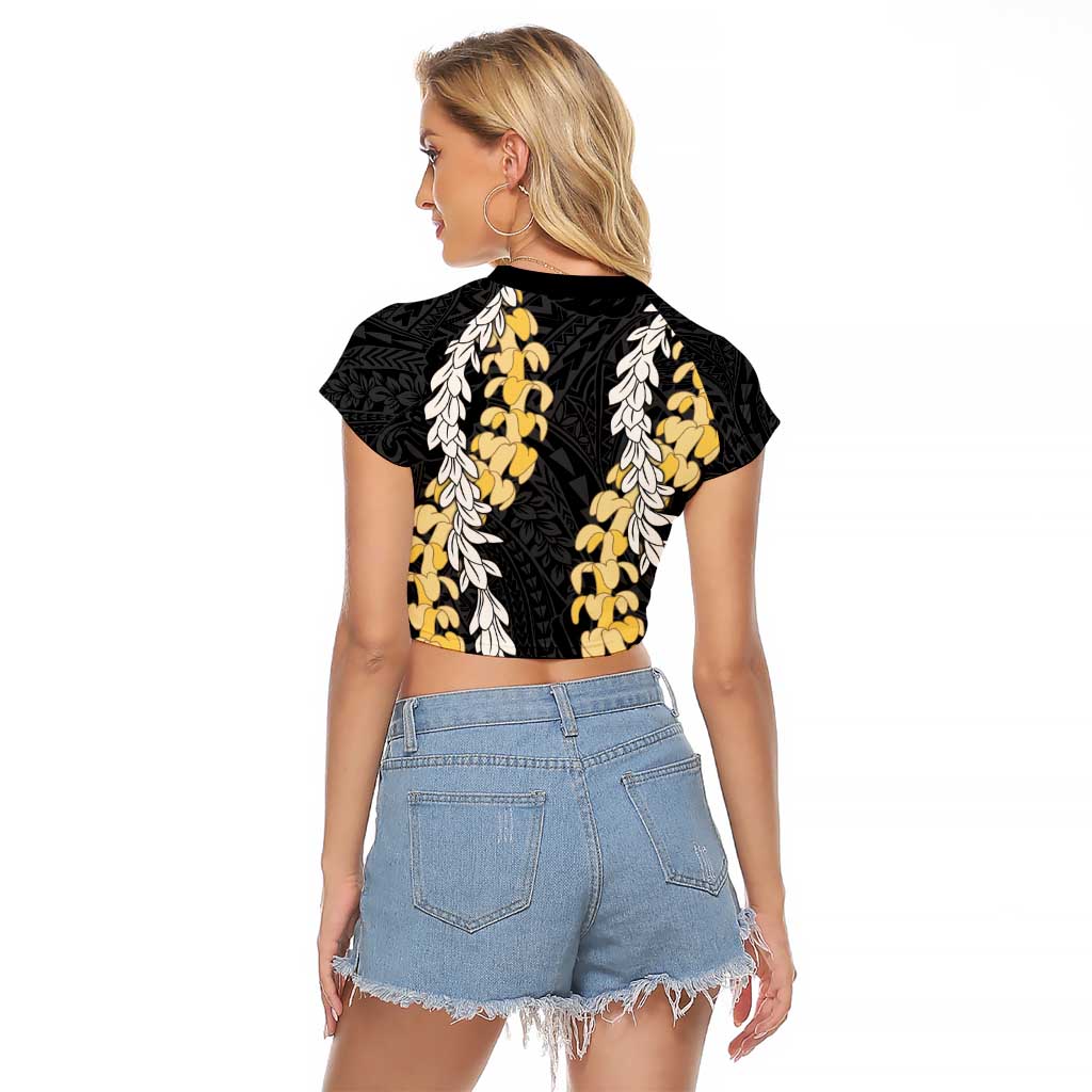 Puakenikeni and Maile Lei Raglan Cropped T Shirt Black Double Strand Lei