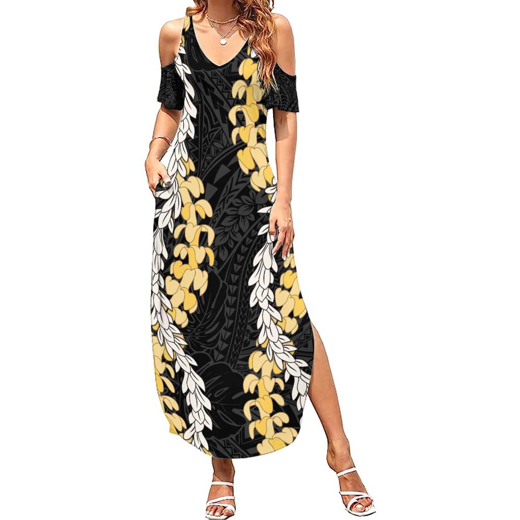 Puakenikeni and Maile Lei Summer Maxi Dress Black Double Strand Lei