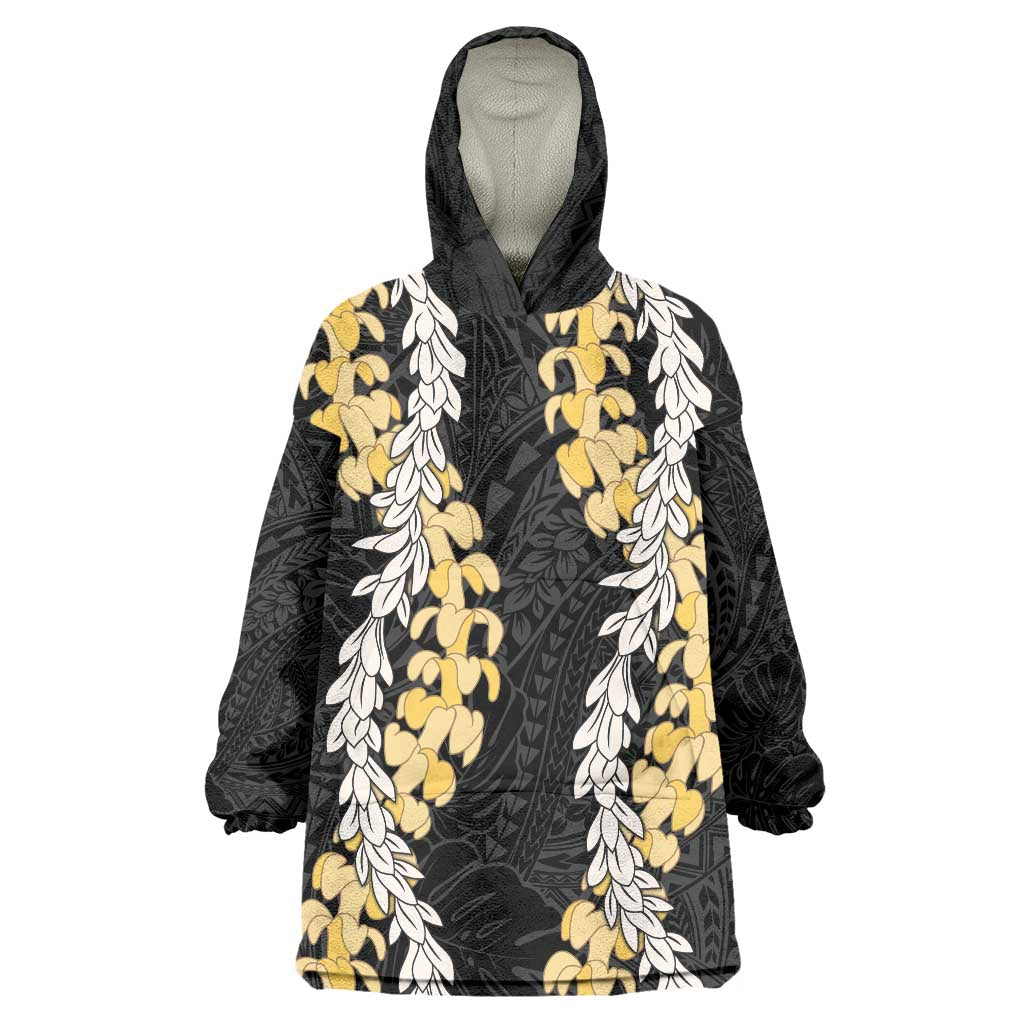Puakenikeni and Maile Lei Wearable Blanket Hoodie Black Double Strand Lei LT9 One Size Black - Polynesian Pride