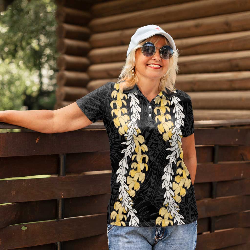 Puakenikeni and Maile Lei Women Polo Shirt Black Double Strand Lei