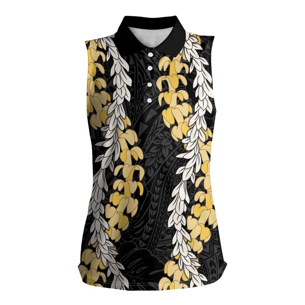 Puakenikeni and Maile Lei Women Sleeveless Polo Shirt Black Double Strand Lei