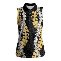 Puakenikeni and Maile Lei Women Sleeveless Polo Shirt Black Double Strand Lei