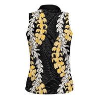 Puakenikeni and Maile Lei Women Sleeveless Polo Shirt Black Double Strand Lei