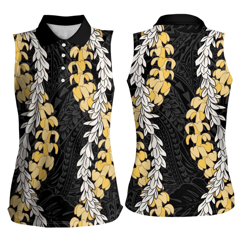 Puakenikeni and Maile Lei Women Sleeveless Polo Shirt Black Double Strand Lei