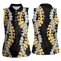 Puakenikeni and Maile Lei Women Sleeveless Polo Shirt Black Double Strand Lei