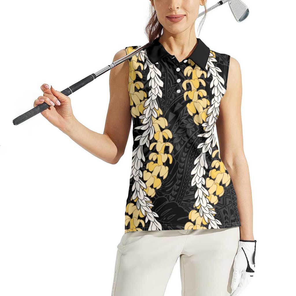 Puakenikeni and Maile Lei Women Sleeveless Polo Shirt Black Double Strand Lei