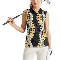 Puakenikeni and Maile Lei Women Sleeveless Polo Shirt Black Double Strand Lei