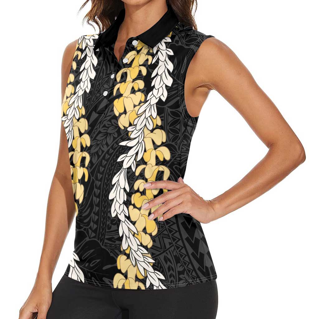 Puakenikeni and Maile Lei Women Sleeveless Polo Shirt Black Double Strand Lei