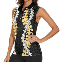 Puakenikeni and Maile Lei Women Sleeveless Polo Shirt Black Double Strand Lei