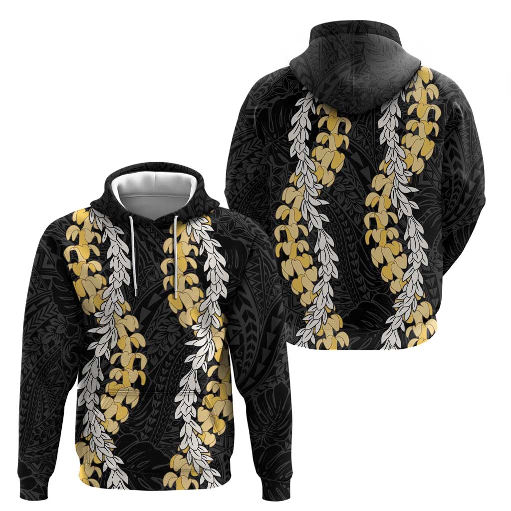 Puakenikeni and Maile Lei Zip Hoodie Black Double Strand Lei LT9 - Polynesian Pride
