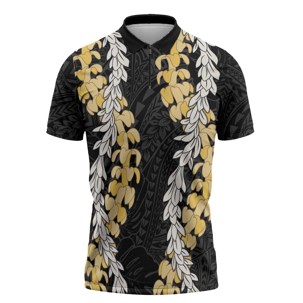 Puakenikeni and Maile Lei Zipper Polo Shirt Black Double Strand Lei LT9 Black - Polynesian Pride