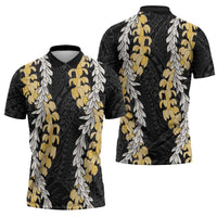 Puakenikeni and Maile Lei Zipper Polo Shirt Black Double Strand Lei - Polynesian Pride
