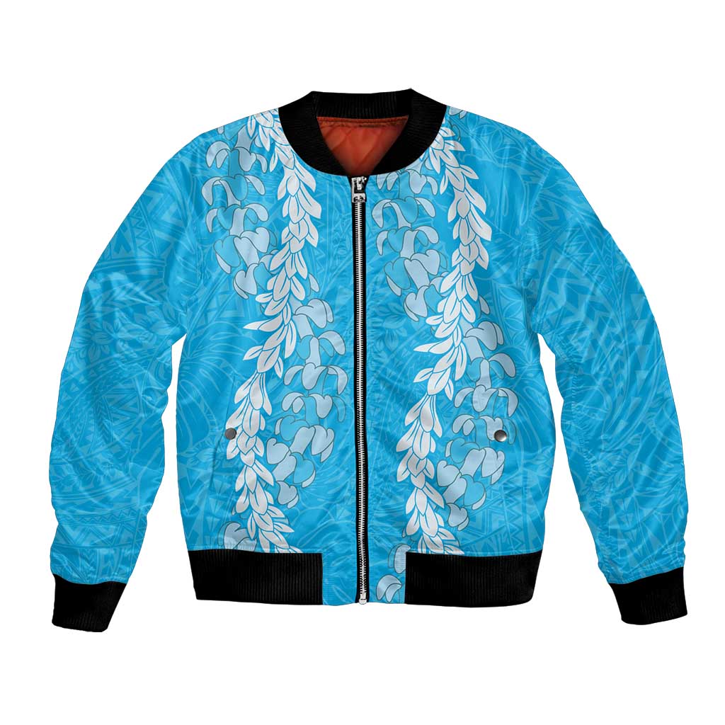 Puakenikeni and Maile Lei Bomber Jacket Blue Double Strand Lei LT9 Unisex Blue - Polynesian Pride