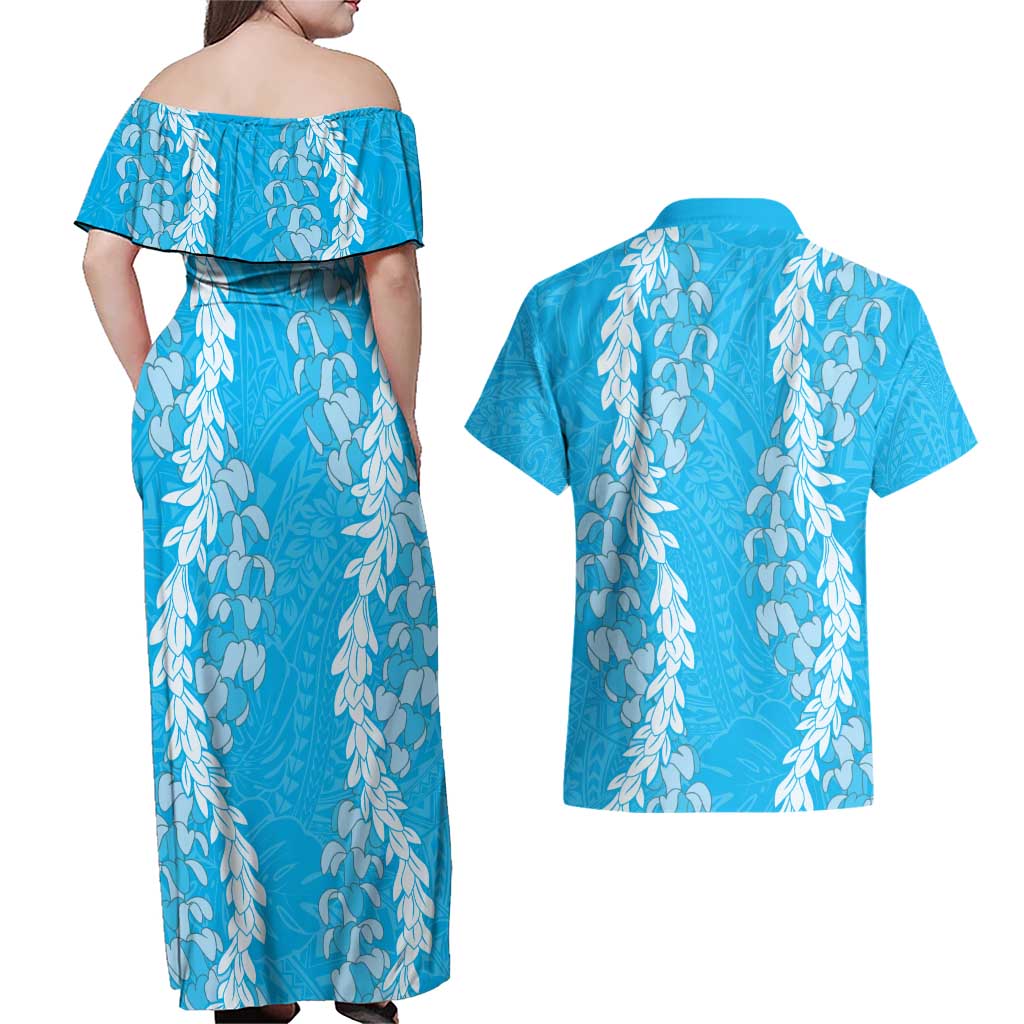 Puakenikeni and Maile Lei Couples Matching Off Shoulder Maxi Dress and Hawaiian Shirt Blue Double Strand Lei