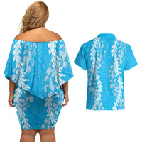 Puakenikeni and Maile Lei Couples Matching Off Shoulder Short Dress and Hawaiian Shirt Blue Double Strand Lei