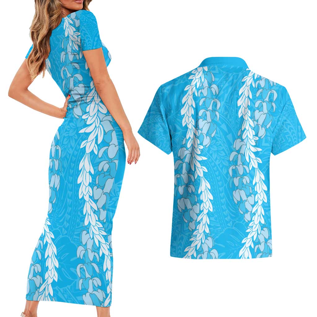 Puakenikeni and Maile Lei Couples Matching Short Sleeve Bodycon Dress and Hawaiian Shirt Blue Double Strand Lei