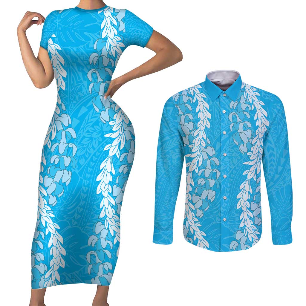 Puakenikeni and Maile Lei Couples Matching Short Sleeve Bodycon Dress and Long Sleeve Button Shirt Blue Double Strand Lei