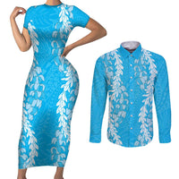 Puakenikeni and Maile Lei Couples Matching Short Sleeve Bodycon Dress and Long Sleeve Button Shirt Blue Double Strand Lei