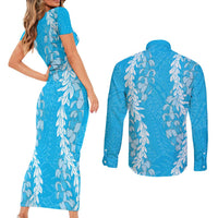 Puakenikeni and Maile Lei Couples Matching Short Sleeve Bodycon Dress and Long Sleeve Button Shirt Blue Double Strand Lei