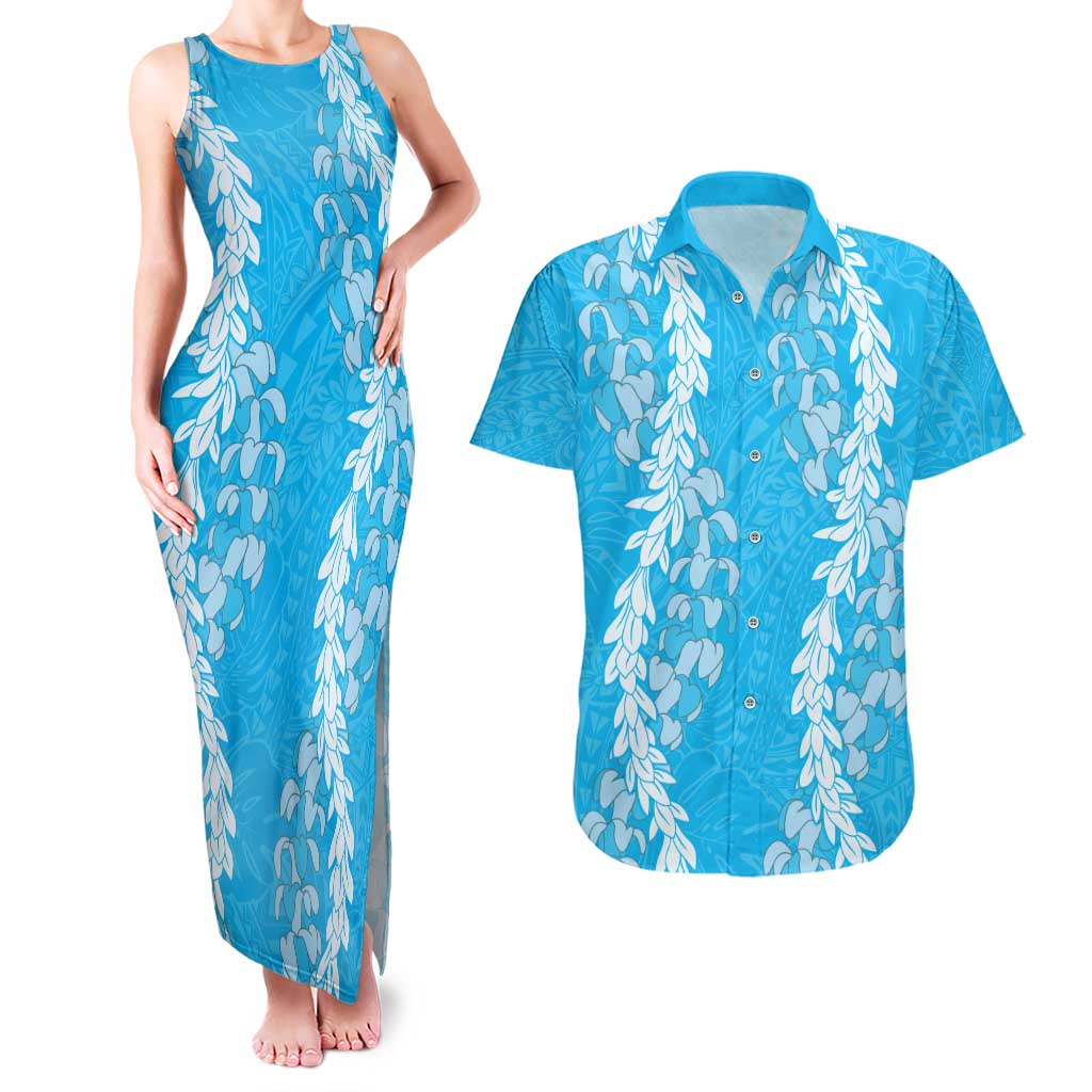 Puakenikeni and Maile Lei Couples Matching Tank Maxi Dress and Hawaiian Shirt Blue Double Strand Lei