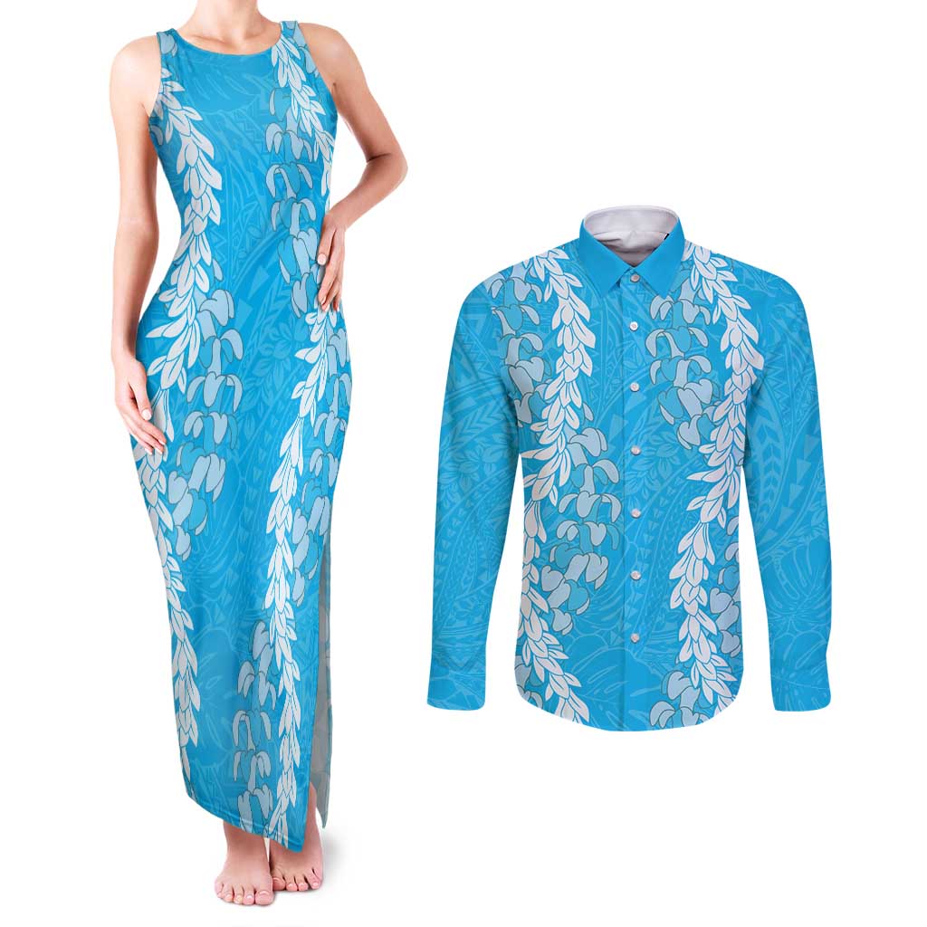 Puakenikeni and Maile Lei Couples Matching Tank Maxi Dress and Long Sleeve Button Shirt Blue Double Strand Lei