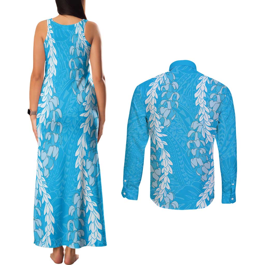 Puakenikeni and Maile Lei Couples Matching Tank Maxi Dress and Long Sleeve Button Shirt Blue Double Strand Lei