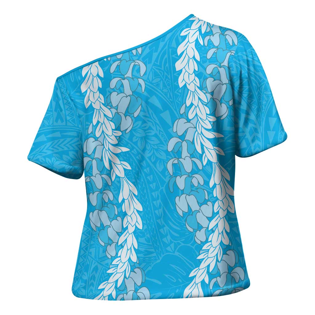 Puakenikeni and Maile Lei Cross Shoulder Shirt Blue Double Strand Lei LT9 - Polynesian Pride