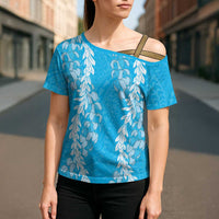 Puakenikeni and Maile Lei Cross Shoulder Shirt Blue Double Strand Lei LT9 - Polynesian Pride