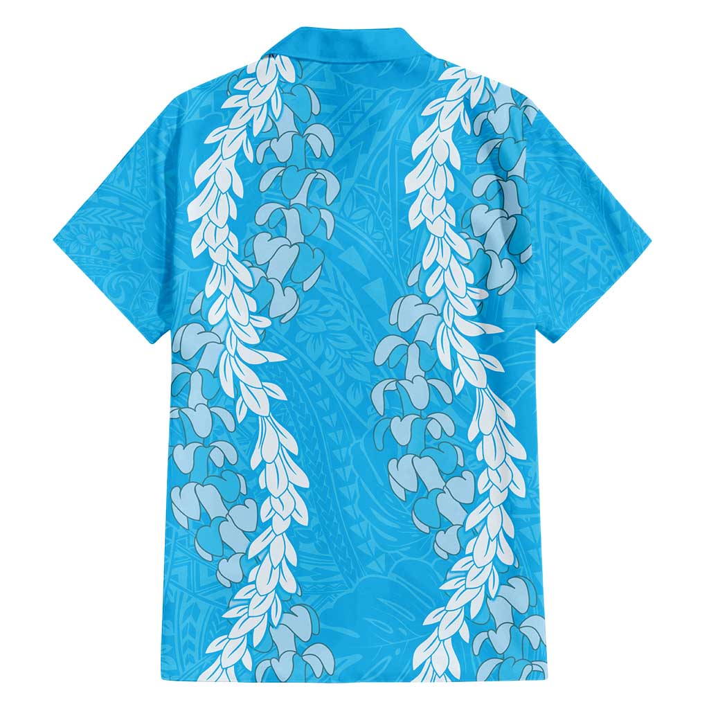 Puakenikeni and Maile Lei Family Matching Long Sleeve Bodycon Dress and Hawaiian Shirt Blue Double Strand Lei