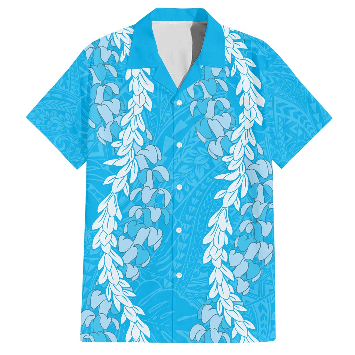 Puakenikeni and Maile Lei Family Matching Off The Shoulder Long Sleeve Dress and Hawaiian Shirt Blue Double Strand Lei