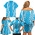 Puakenikeni and Maile Lei Family Matching Off Shoulder Short Dress and Hawaiian Shirt Blue Double Strand Lei