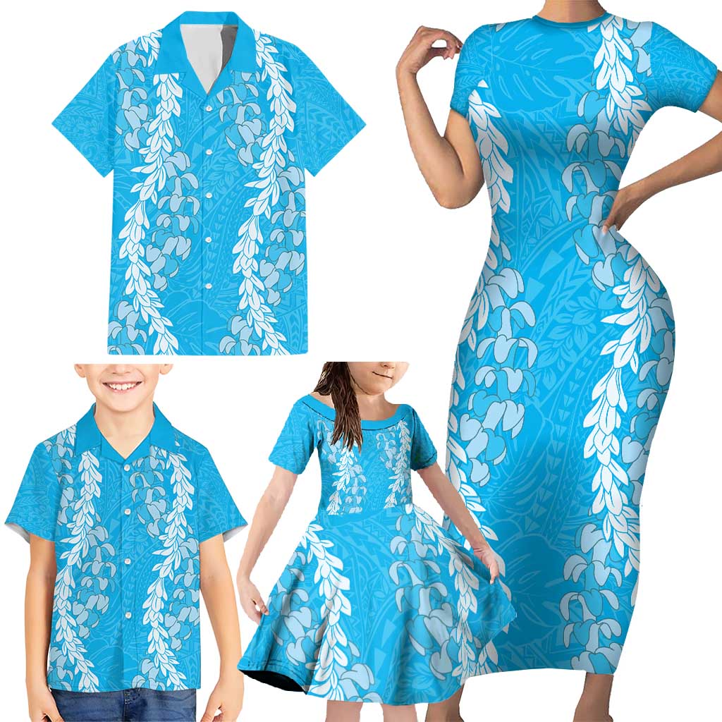 Puakenikeni and Maile Lei Family Matching Short Sleeve Bodycon Dress and Hawaiian Shirt Blue Double Strand Lei