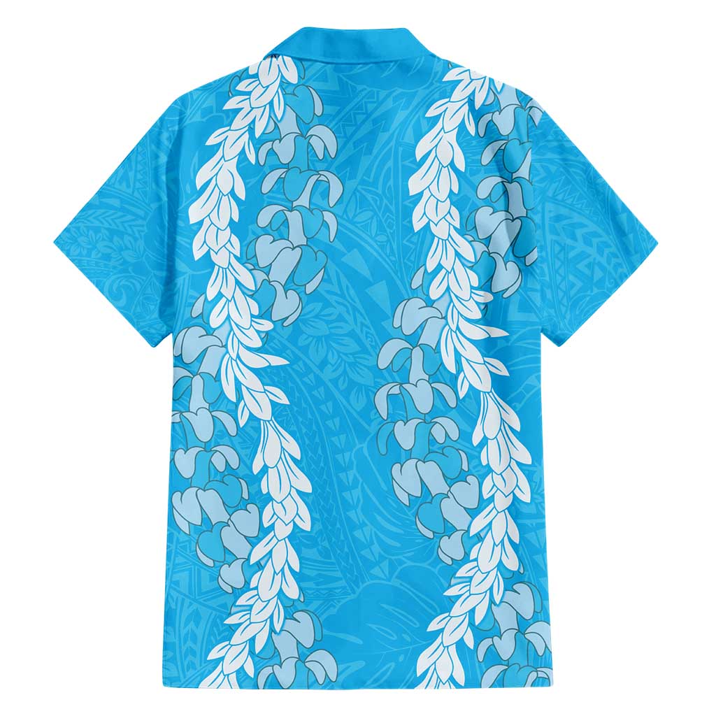 Puakenikeni and Maile Lei Family Matching Short Sleeve Bodycon Dress and Hawaiian Shirt Blue Double Strand Lei