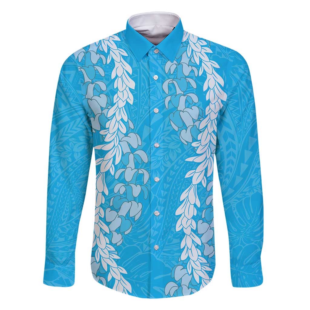 Puakenikeni and Maile Lei Family Matching Summer Maxi Dress and Hawaiian Shirt Blue Double Strand Lei