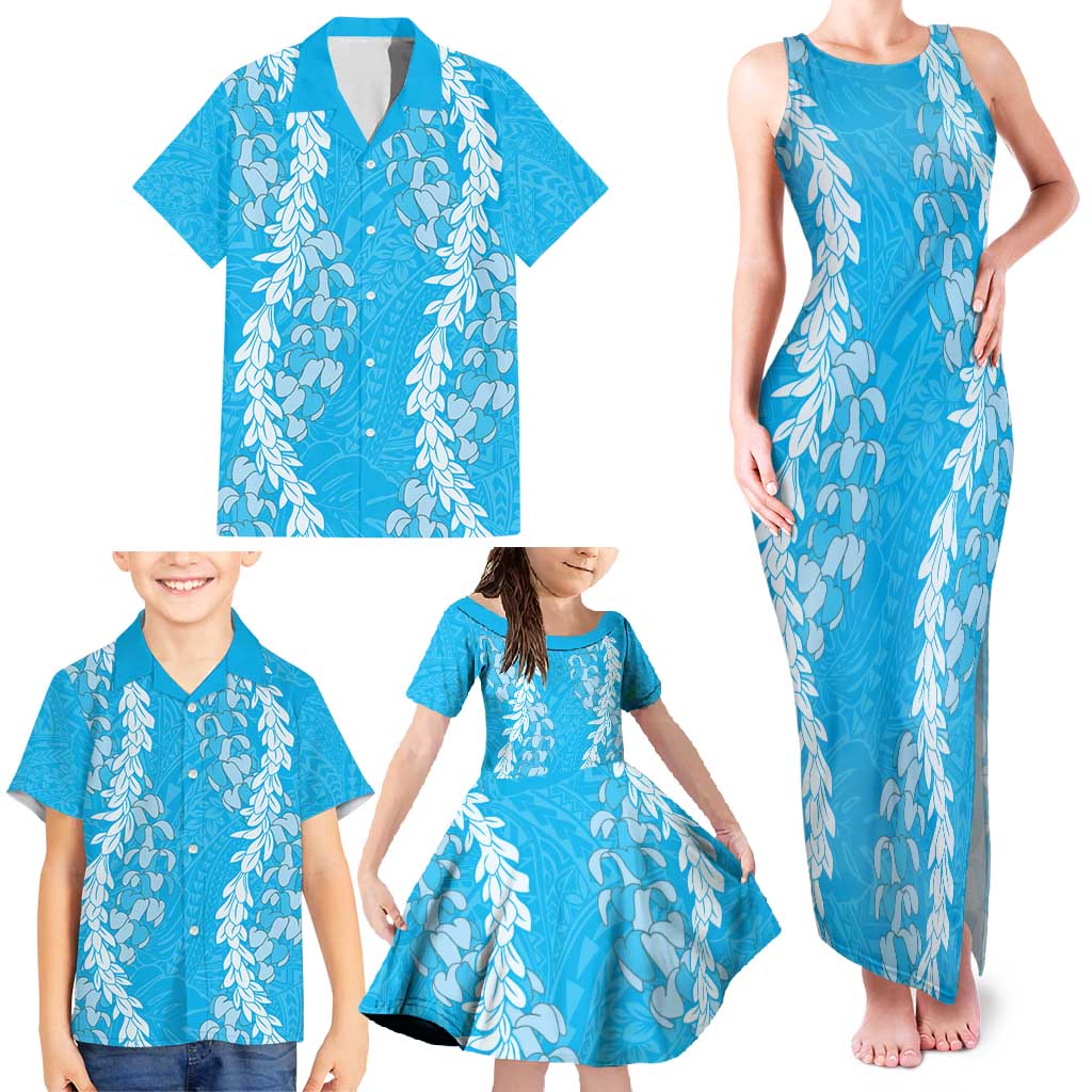 Puakenikeni and Maile Lei Family Matching Tank Maxi Dress and Hawaiian Shirt Blue Double Strand Lei