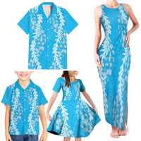 Puakenikeni and Maile Lei Family Matching Tank Maxi Dress and Hawaiian Shirt Blue Double Strand Lei