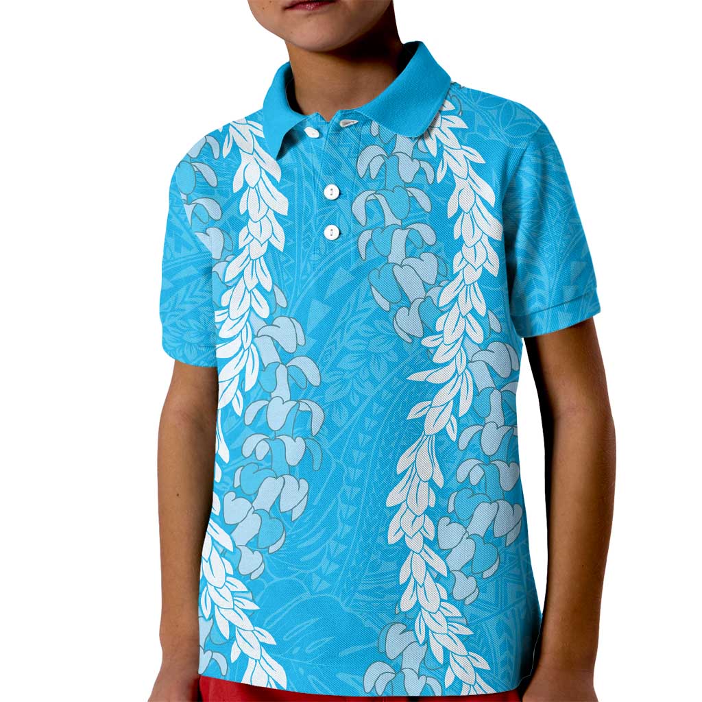 Puakenikeni and Maile Lei Kid Polo Shirt Blue Double Strand Lei