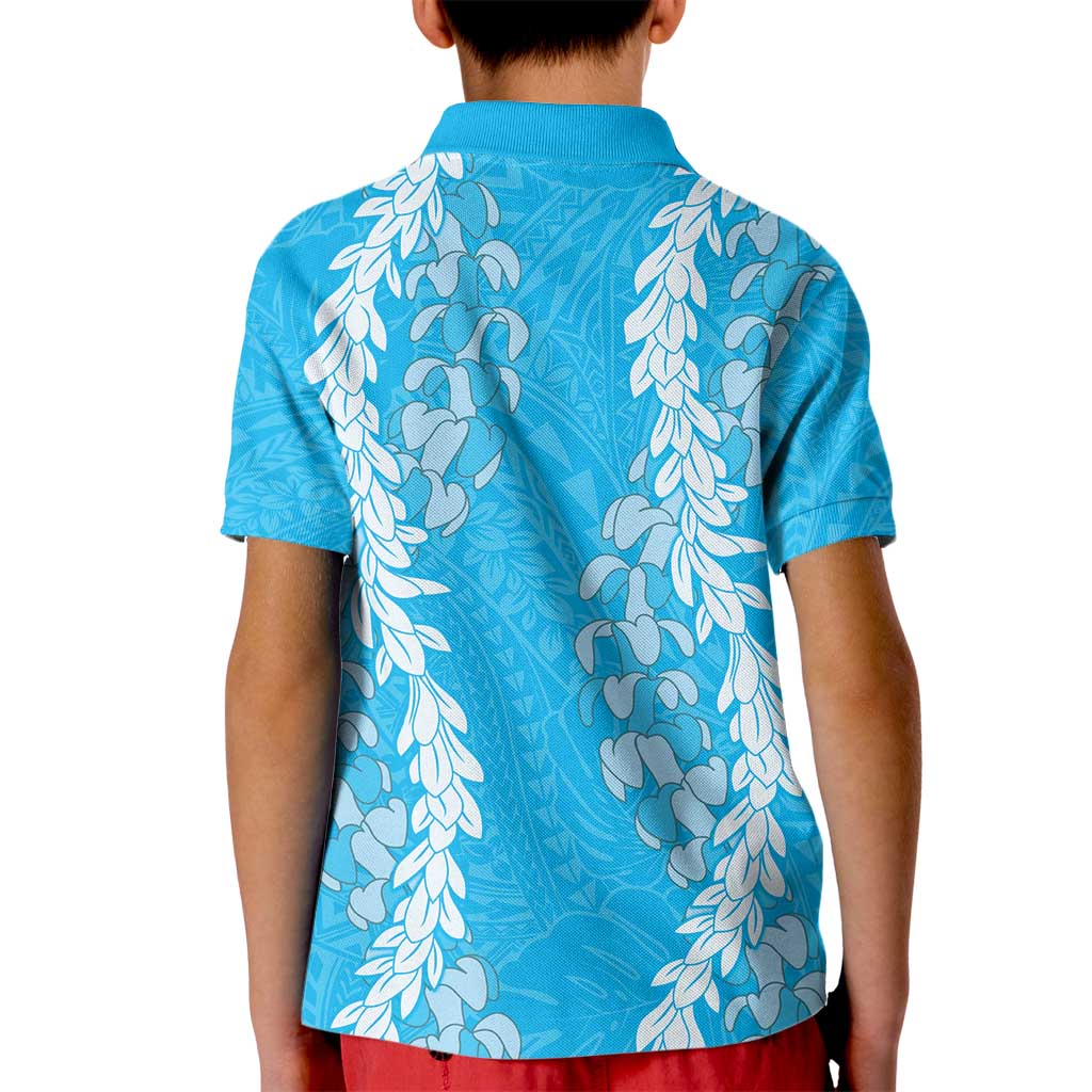 Puakenikeni and Maile Lei Kid Polo Shirt Blue Double Strand Lei