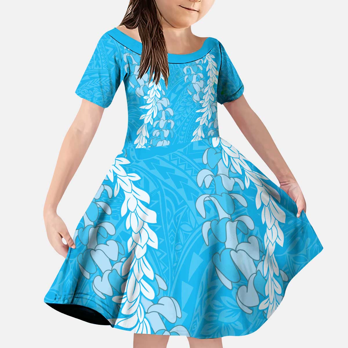 Puakenikeni and Maile Lei Kid Short Sleeve Dress Blue Double Strand Lei