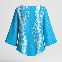 Puakenikeni and Maile Lei Kimono Sleeve Blouse Blue Double Strand Lei - Polynesian Pride
