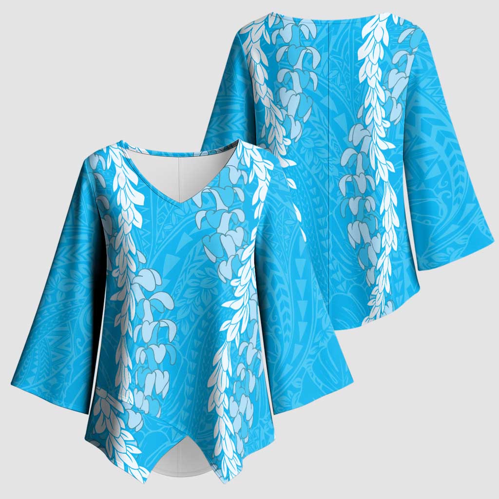 Puakenikeni and Maile Lei Kimono Sleeve Blouse Blue Double Strand Lei - Polynesian Pride