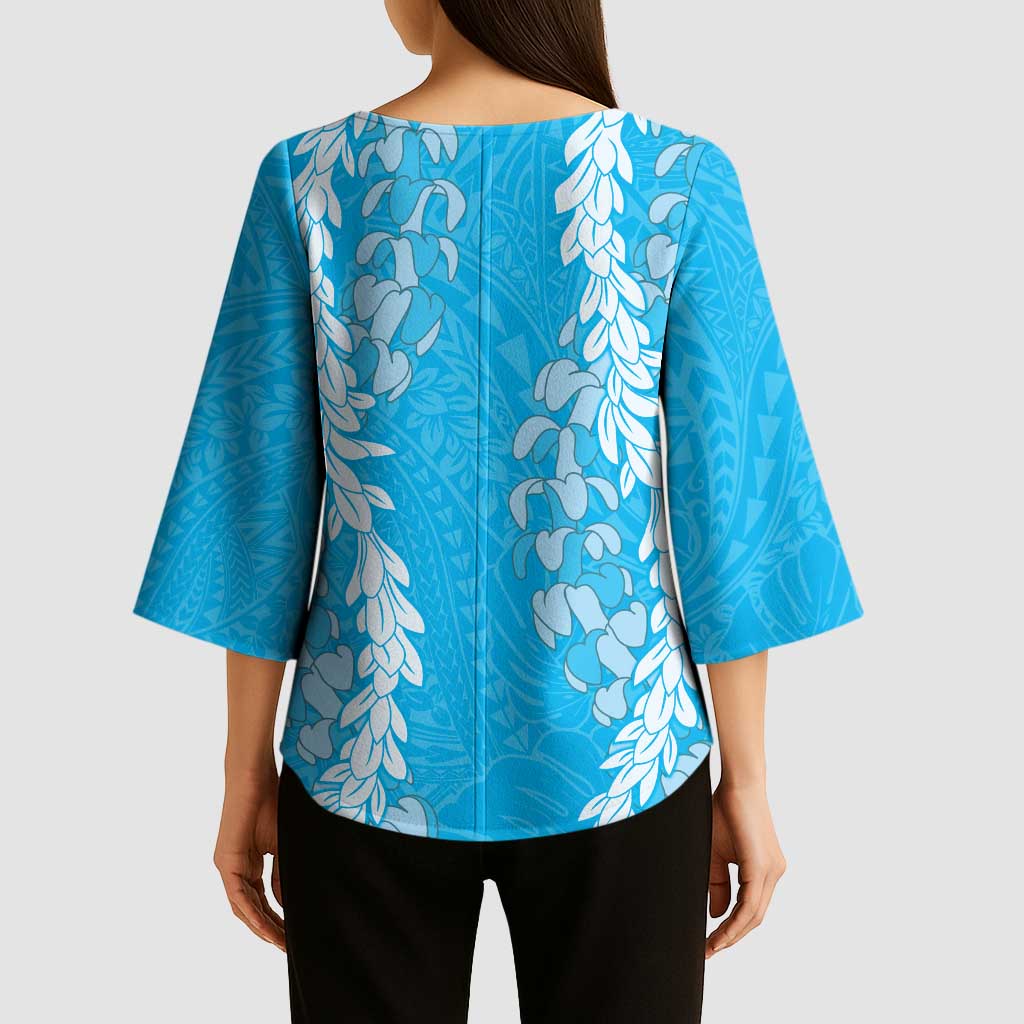 Puakenikeni and Maile Lei Kimono Sleeve Blouse Blue Double Strand Lei - Polynesian Pride