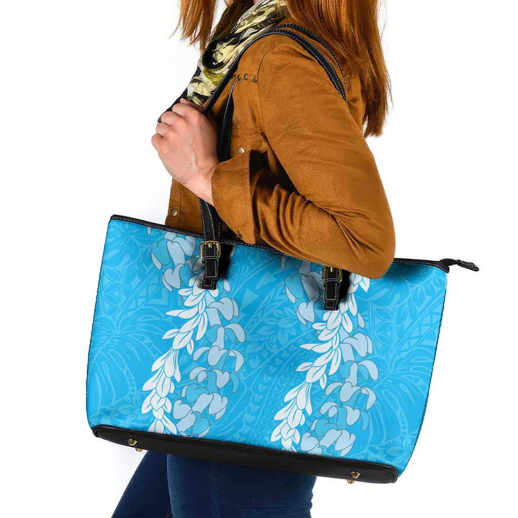 Puakenikeni and Maile Lei Leather Tote Bag Blue Double Strand Lei LT9 Blue - Polynesian Pride